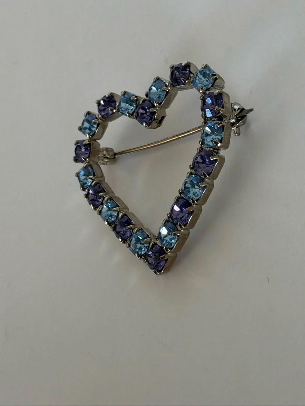 Vintage Open Heart Rhinestone Brooch Blue & Purple Crystal Silver Tone Pin